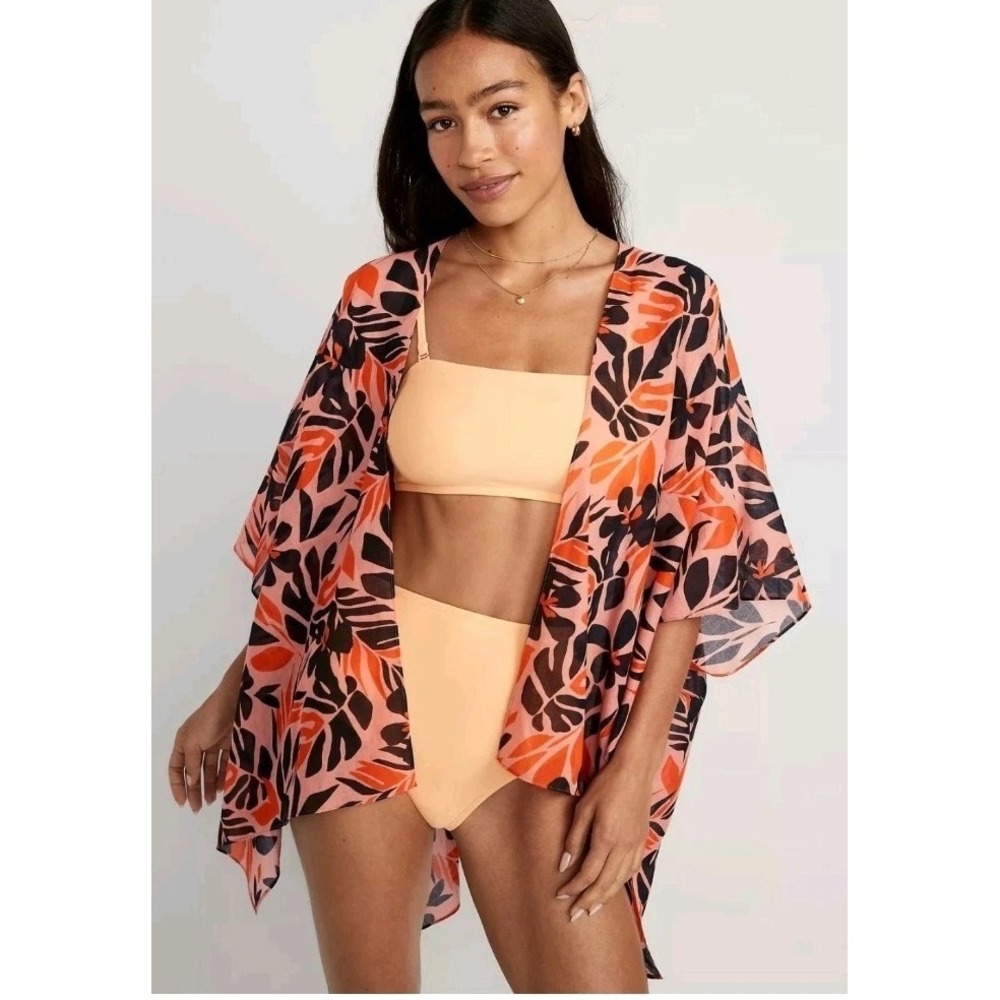 Old Navy Tropical Leaf Print Swim Cover-Up Kimono Orange Black NWT vacation OS